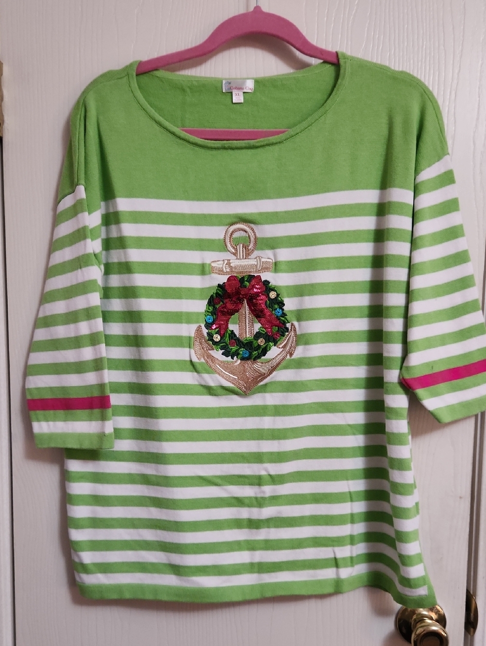 Women’s Green Striped Crewneck Sweater with Anchor Wreath Detail